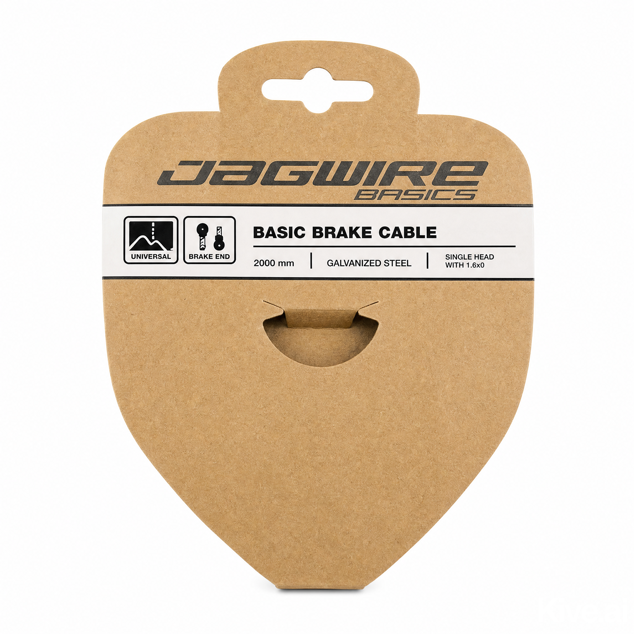 Jagwire Basics Basic Brake Cable in its original brown kraft paper packaging, featuring a white label with black text and icons.
