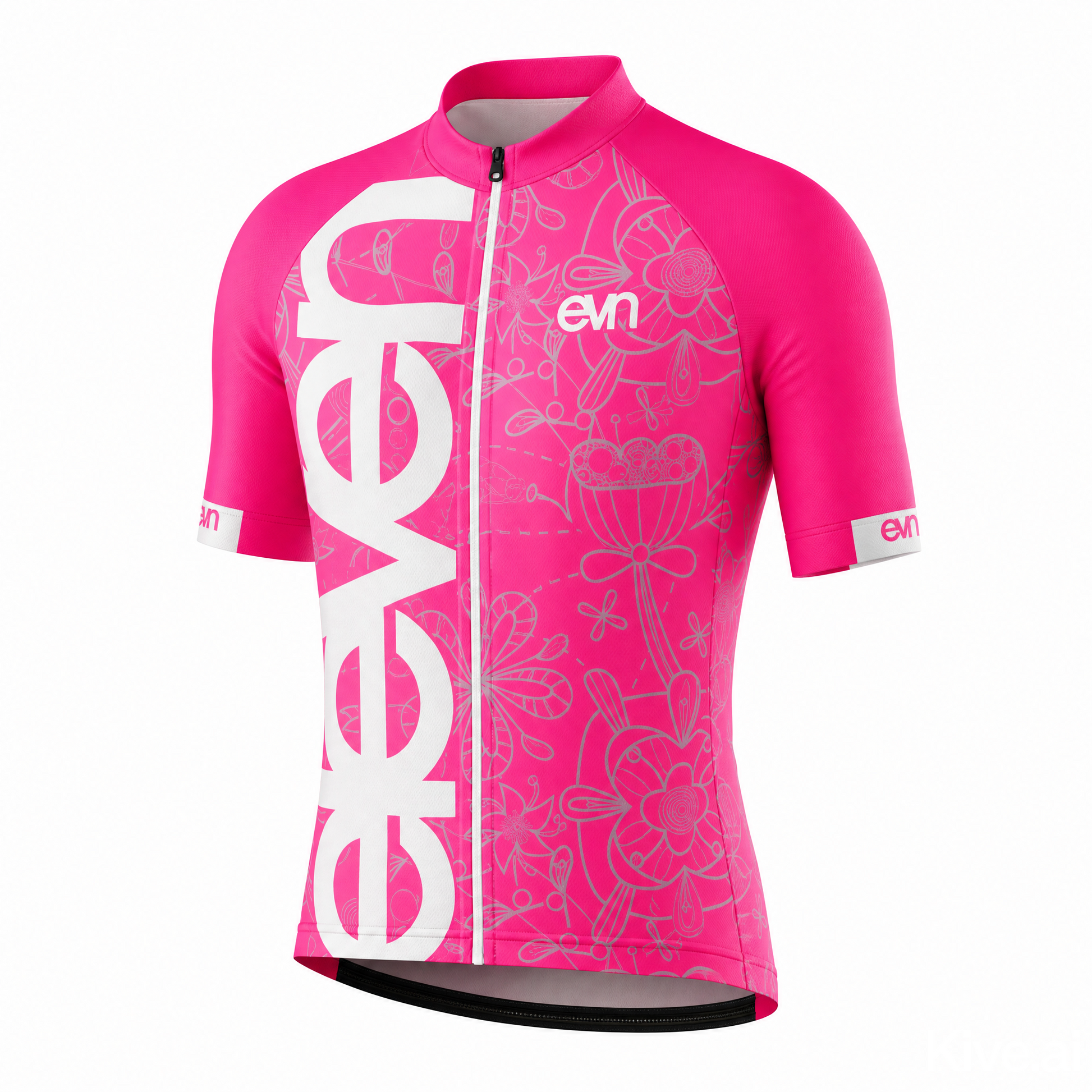 A women's short-sleeve cycling jersey in bright pink with a white vertical 'evn' logo on the front, a white front zipper, and a light gray floral line-art pattern. The brand 'evn' is also visible on the chest and sleeve.
