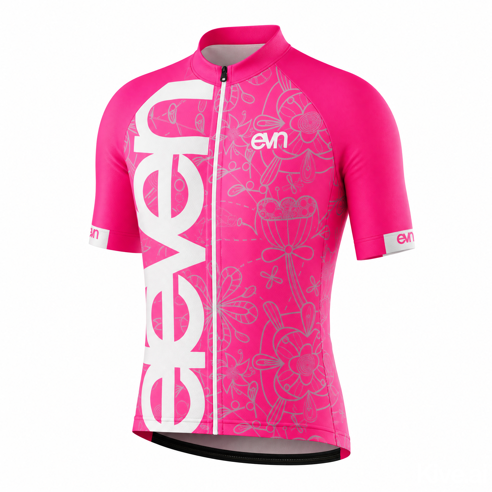 A women's short-sleeve cycling jersey in bright pink with a white vertical 'evn' logo on the front, a white front zipper, and a light gray floral line-art pattern. The brand 'evn' is also visible on the chest and sleeve.