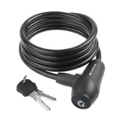 A black coiled bicycle lock with a matching key and keychain, shown on a plain white background.