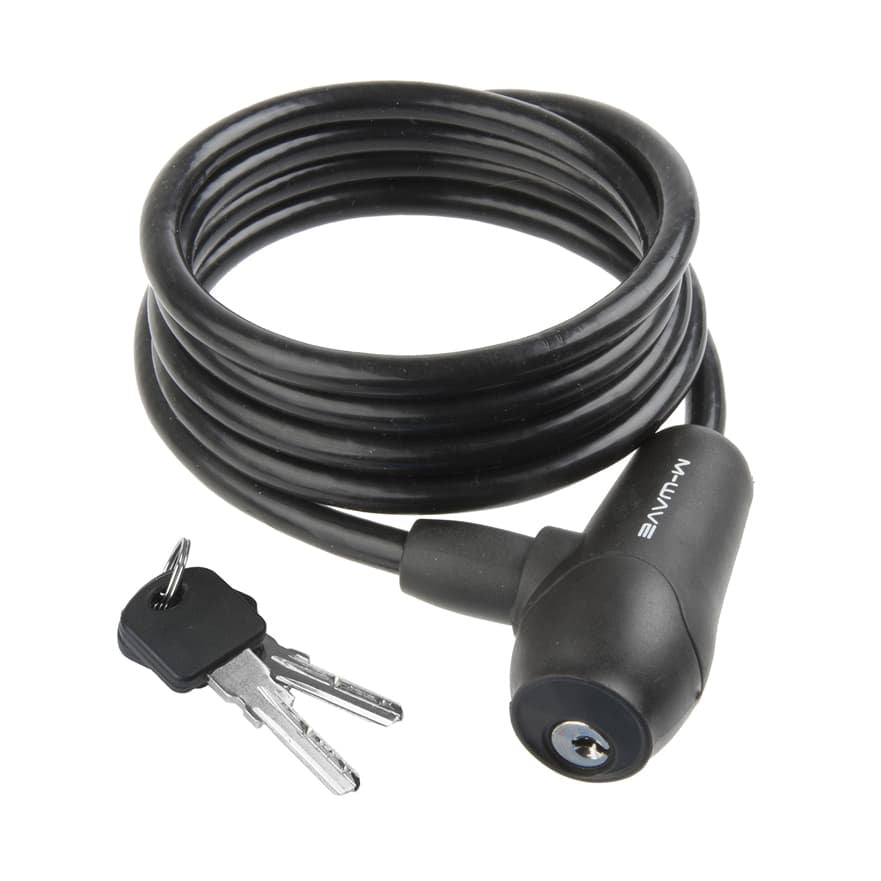 A black coiled bicycle lock with a matching key and keychain, shown on a plain white background.