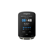 Black digital device with display showing time and date on a white background
