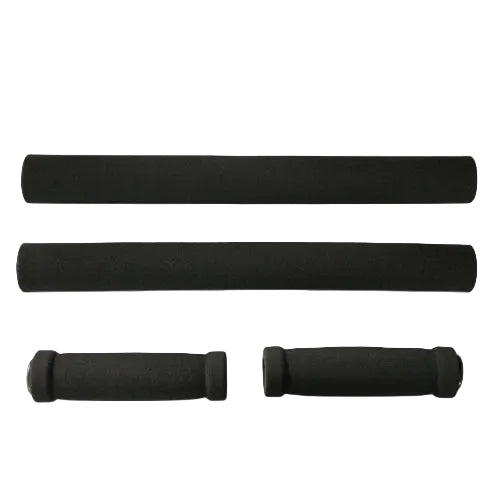 Four black foam handlebar grips shown on a plain white background, including two long straight grips and two shorter wrapped grips.