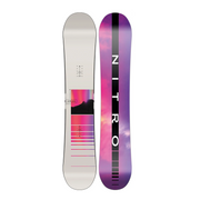 A Nitro snowboard shown from both the top and bottom sides against a solid white background. The top side features a white base with a colorful abstract graphic, while the bottom side has a vibrant purple and pink gradient with a black vertical stripe containing the white 'NITRO' brand name.