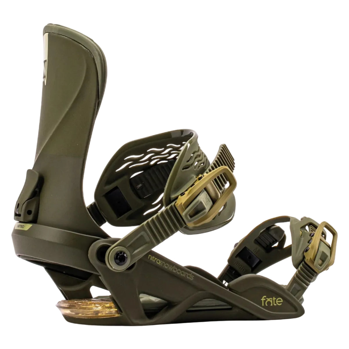A pair of Nike snowboard bindings in olive green and tan, featuring the 'frite' model name on the baseplate, shown against a solid white background.
