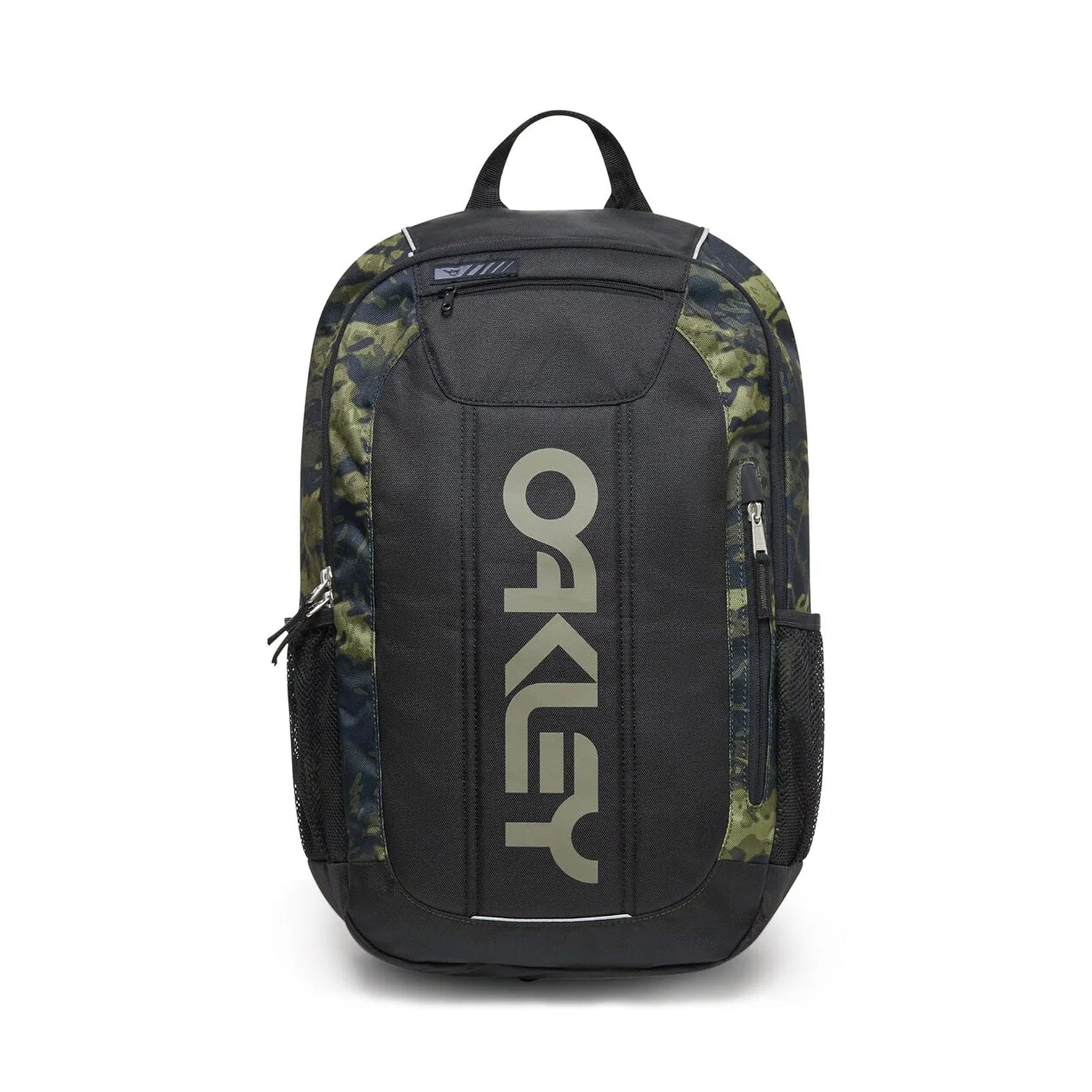 Oakley backpack in black with green and brown camouflage pattern side panels and a large vertical Oakley logo on the front.