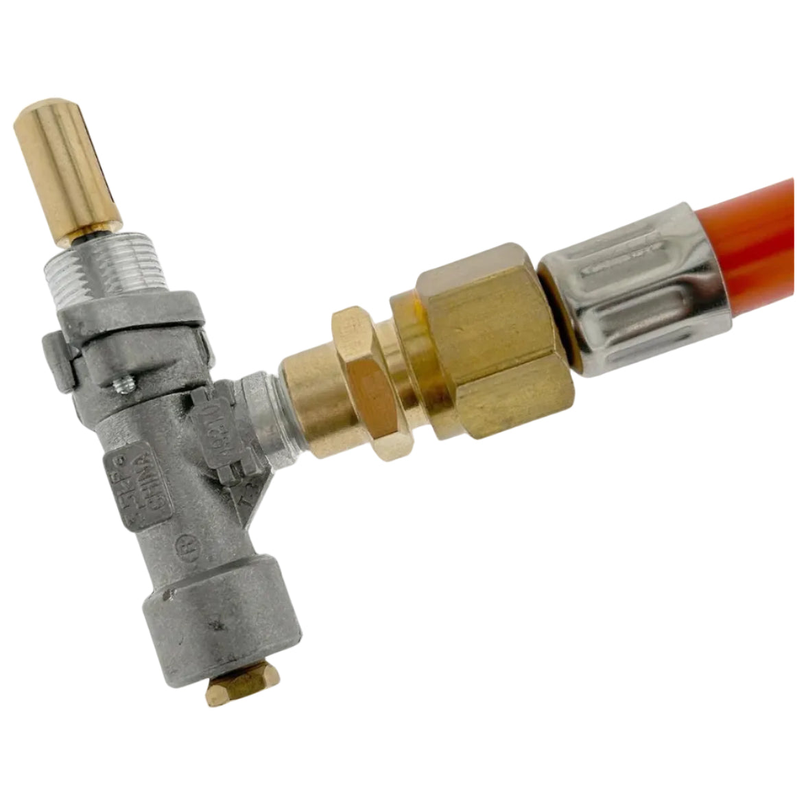 A metal gas regulator adapter with brass fittings and a red-orange hose, isolated on a white background.