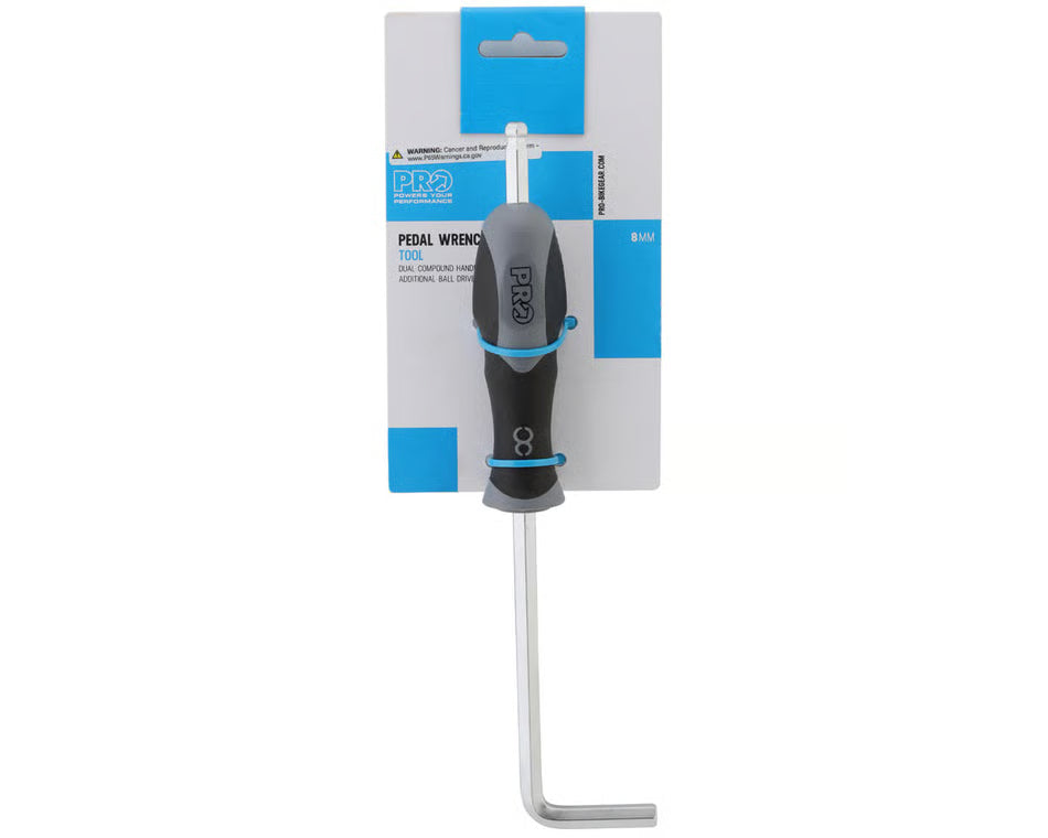 A Pedal Wrench tool in its retail packaging, featuring a black and gray handle with blue accents and a silver metal arm, mounted on a white and blue cardboard backing.