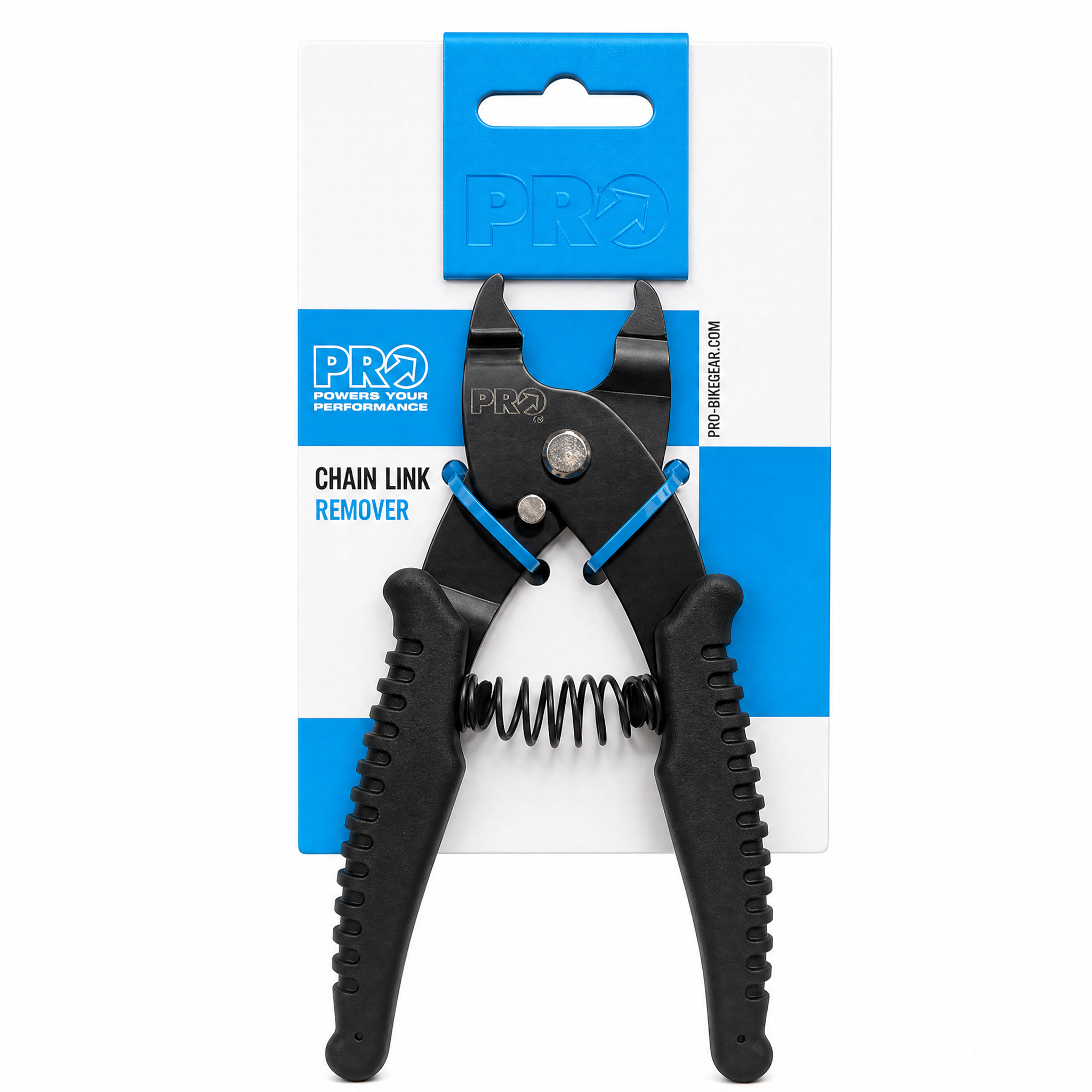 PRO2 Chain Link Remover tool in black with blue accents, mounted on its white and blue retail packaging card.