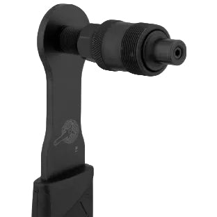 A black metal and plastic tool with a threaded cylindrical component and a mounting bracket, shown on a plain white background.