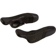 A pair of black rubber handlebar grips with textured grip patterns and embossed logo details, shown on a plain white background.