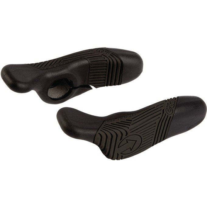A pair of black rubber handlebar grips with textured grip patterns and embossed logo details, shown on a plain white background.