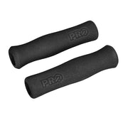 A pair of black textured foam handlebar grips with an embossed 'PRO' logo, shown floating against a solid white background.