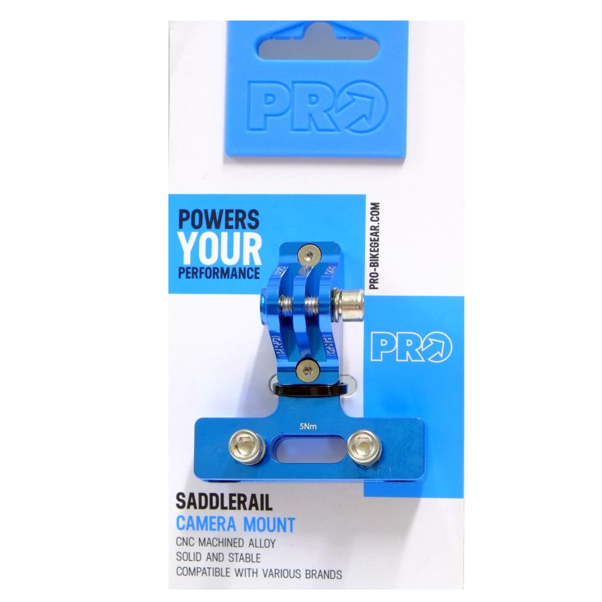 A blue aluminum camera mount labeled 'SADDLERAIL CAMERA MOUNT' in its retail packaging. The packaging features a white background with blue branding, including the PRO-BITE brand name and logo.