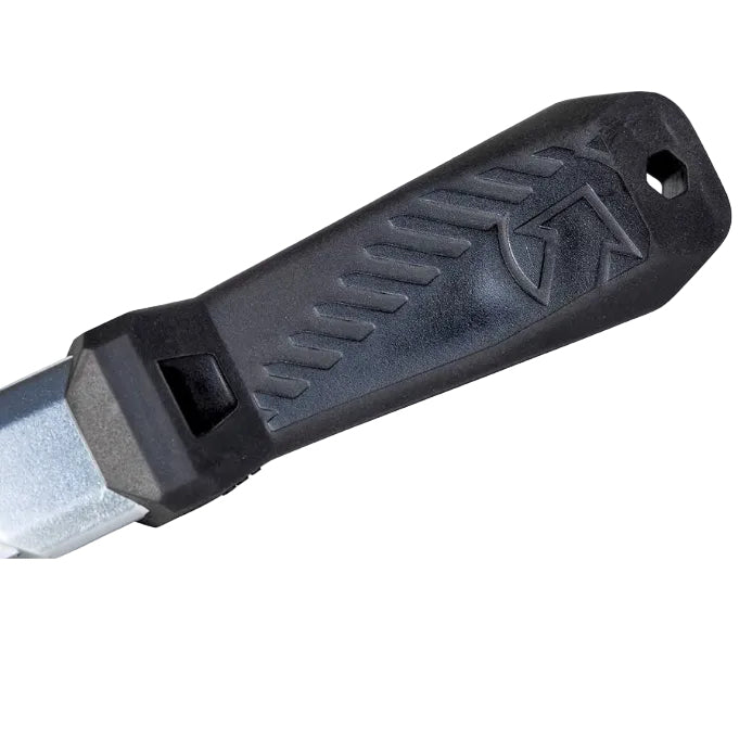 Close-up of a black textured handle with a molded logo, attached to a silver metal shaft, on a white background.