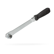 A chrome socket wrench with a black textured handle, shown diagonally on a clean white background with a soft shadow underneath.