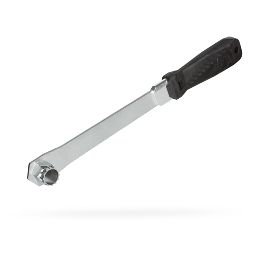 A chrome socket wrench with a black textured handle, shown diagonally on a clean white background with a soft shadow underneath.