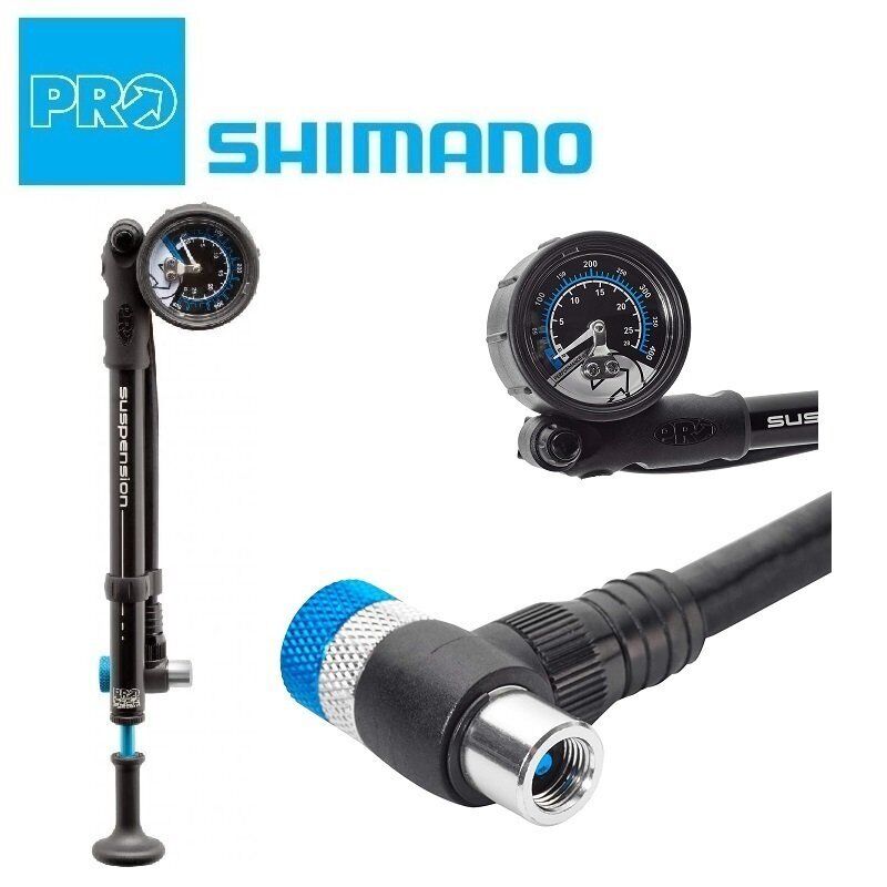 Shimano PRO bicycle pump set with a black manual pump, black gauge, and blue-and-silver quick-connect fitting, shown on a white background with the Shimano logo.