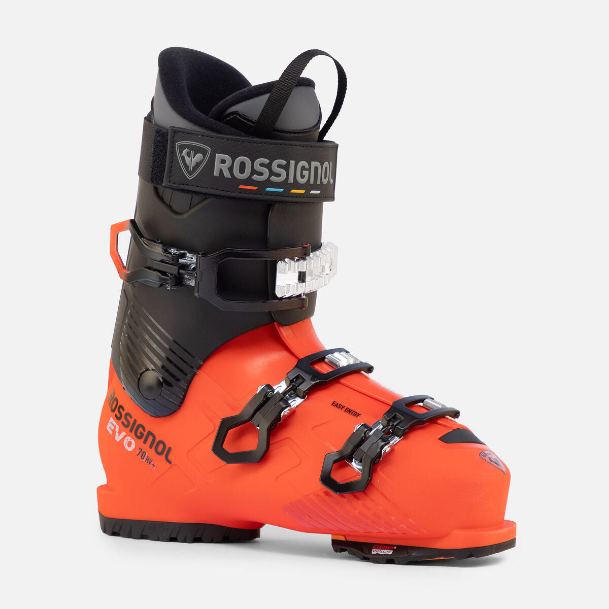 A Rossignol Evo Pro ski boot in bright orange and black, shown from a three-quarters angle against a light gray background.