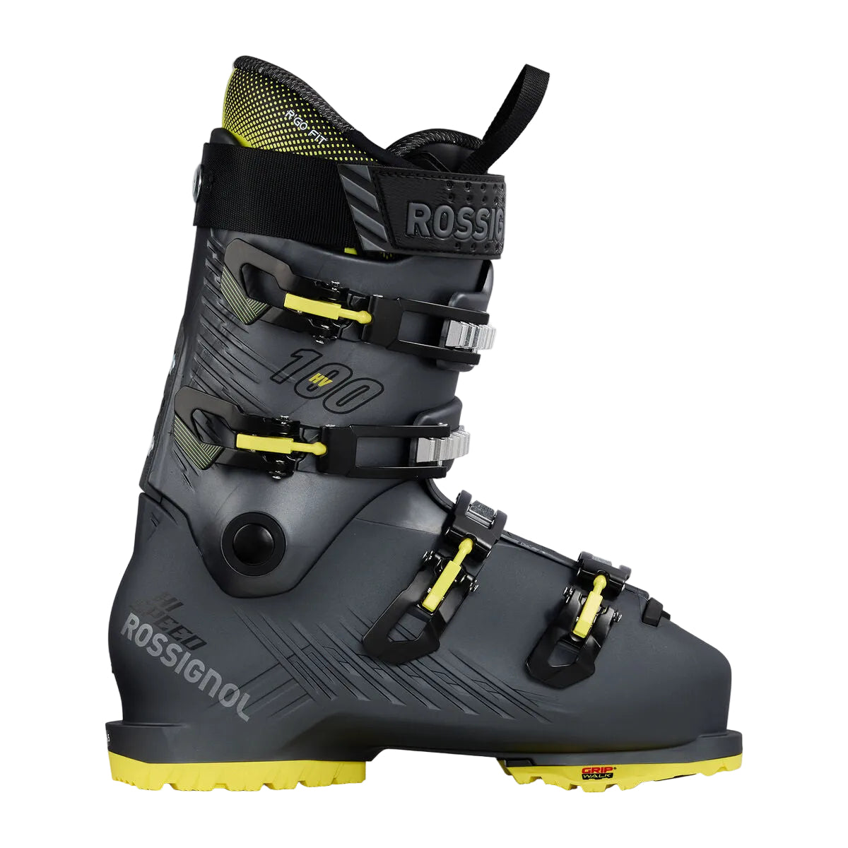 A Rossignol 190 ski boot in dark gray and black with bright yellow accents on the buckles, lining, and outsole, shown from a side profile on a light gray background.