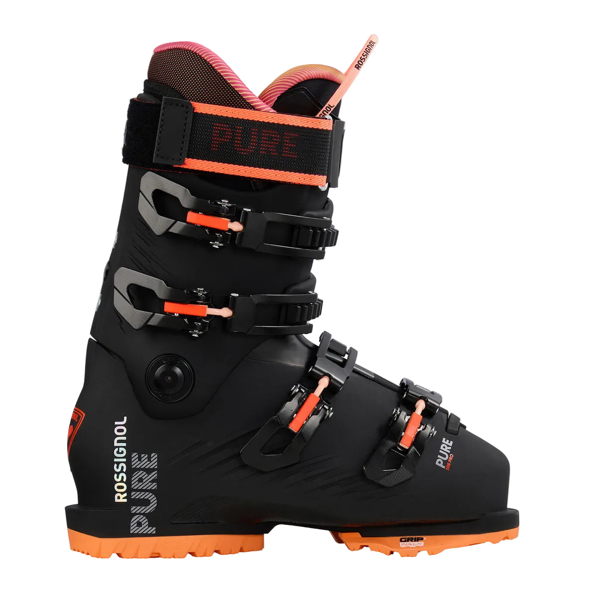 A black Rossignol Pure ski boot with bright orange and pink accents, featuring three adjustable buckles and a side release button, shown against a light gray studio background.