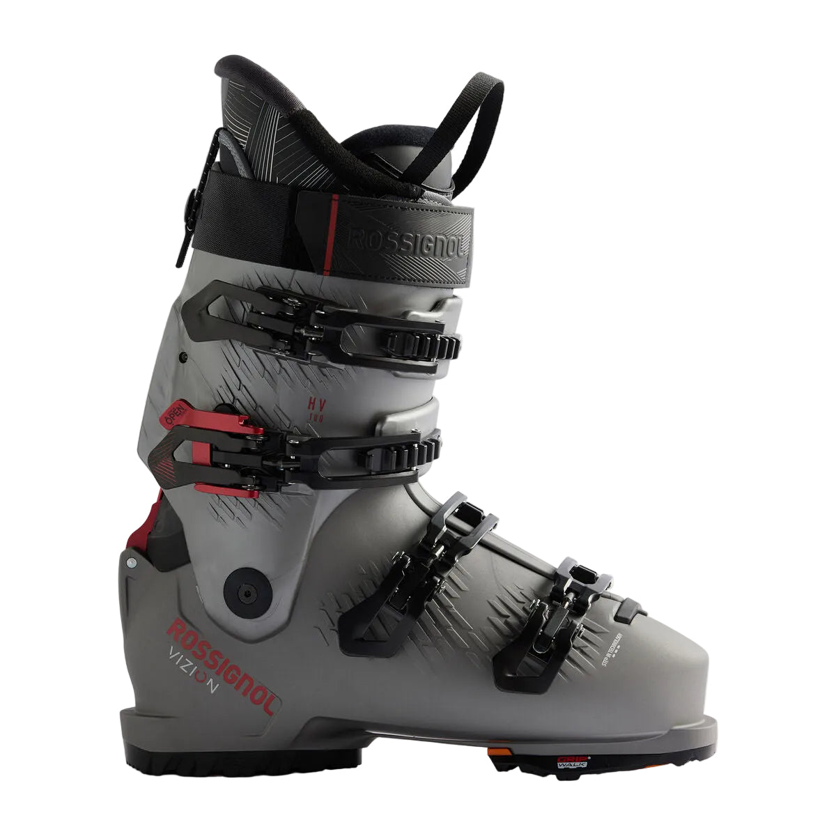 A Rossignol Vitz N ski boot in gray, black, and red, shown from a side profile view against a light gray studio background.