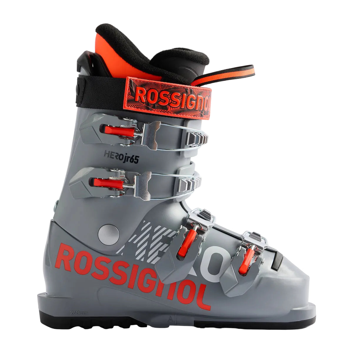 Gray ski boot with red and black details on a light gray background