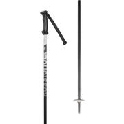 A pair of black and silver ski/hiking poles shown against a light gray background, with one pole upright displaying its textured black handle and the other showing the tip.