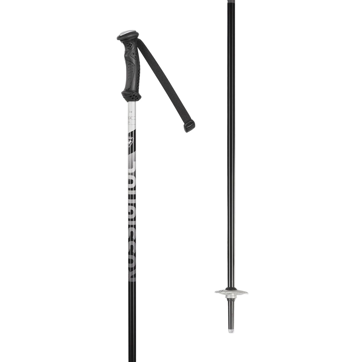 A pair of black and silver ski/hiking poles shown against a light gray background, with one pole upright displaying its textured black handle and the other showing the tip.