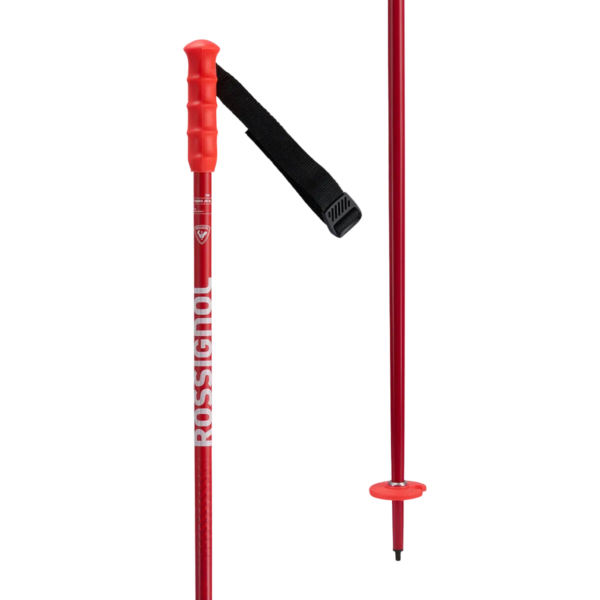 Red ski poles with black accents on a light gray background