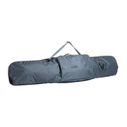 Gray snowboard bag with a visible brand logo on a light gray background