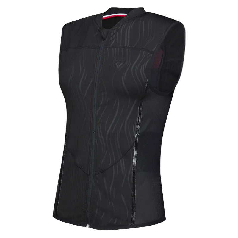 A sleeveless black athletic vest with a full front zipper, featuring a subtle wavy pattern on the front panels and a small triangular logo on the left chest, shown against a light gray background.
