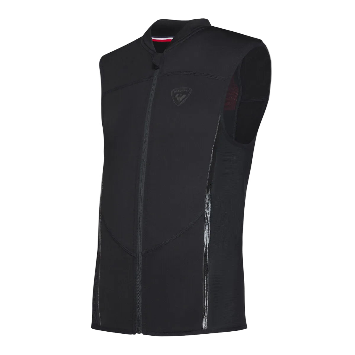 Black sleeveless jacket with a brand logo on a light gray background