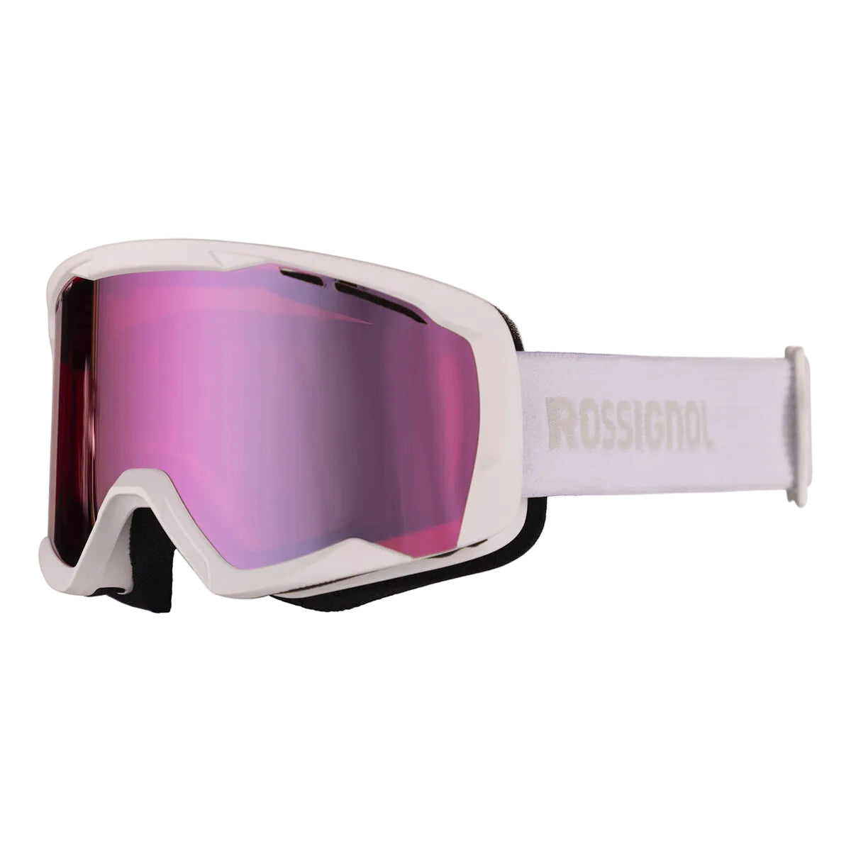 Rossignol snow goggles with a white frame, a pink-to-purple mirrored lens, and a white strap featuring the Rossignol logo.