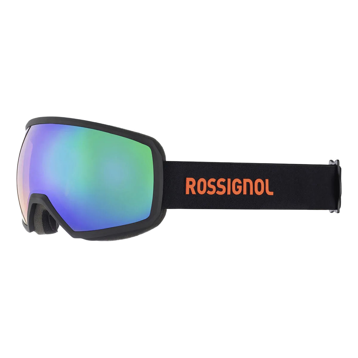 Rossignol ski goggles with a black frame and strap, featuring a vibrant iridescent mirror lens that shifts from green to blue, and the brand name 'ROSSIGNOL' printed in orange on the black strap.