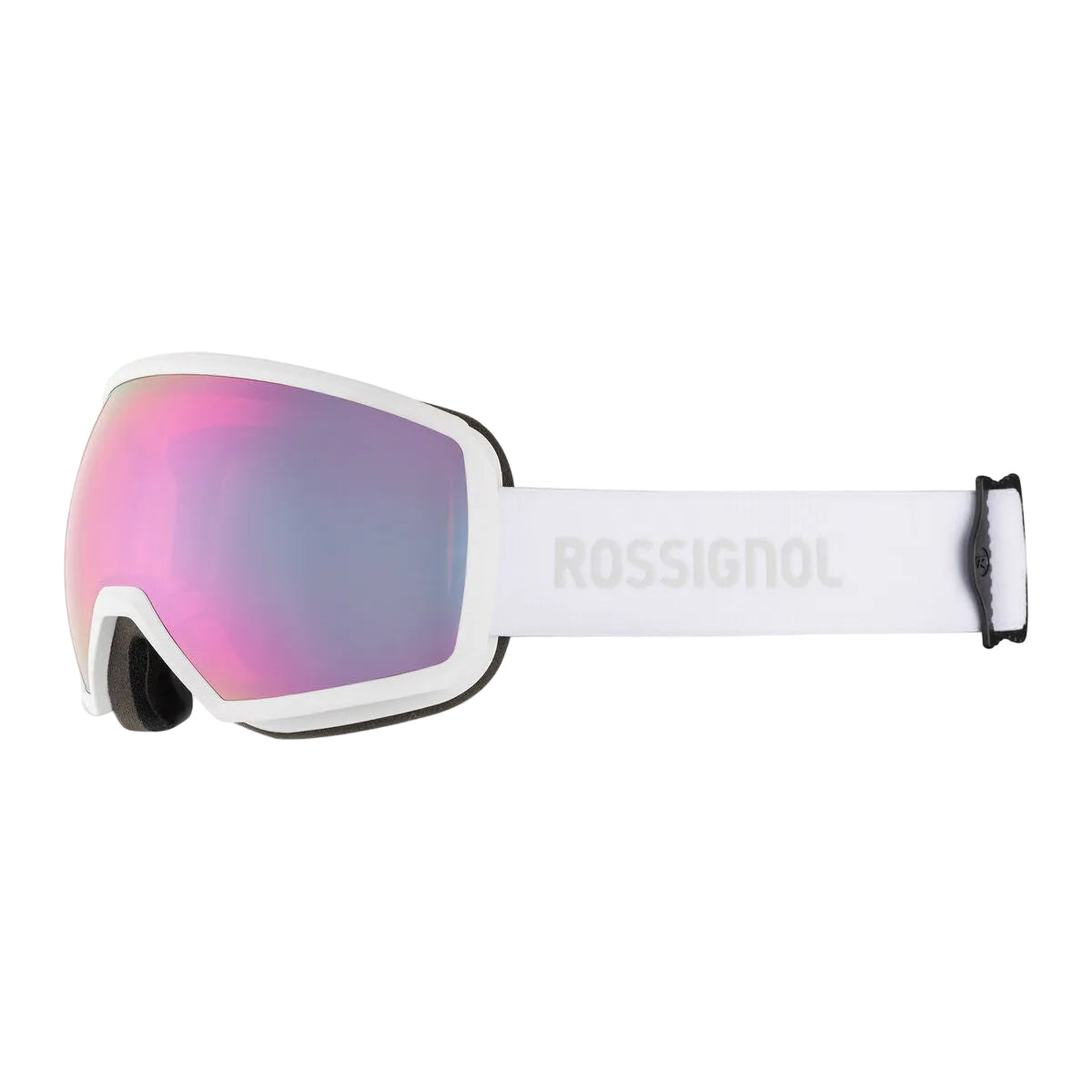 White Rossignol ski goggles with a pink and purple mirrored lens, shown against a light gray background.