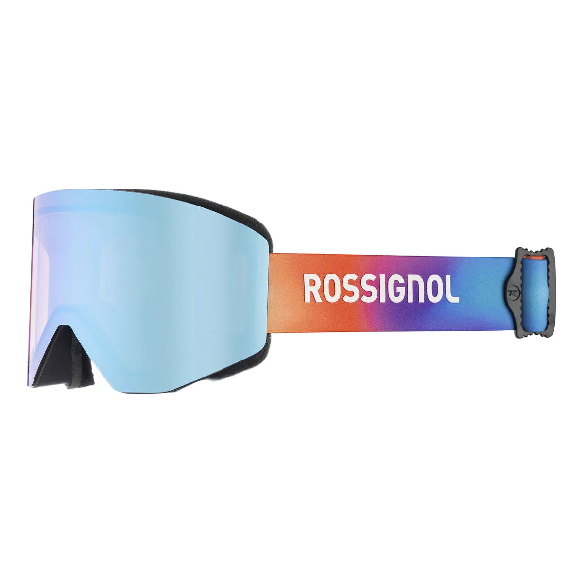 Ski goggles with a colorful strap featuring the Rossignol logo on a white background