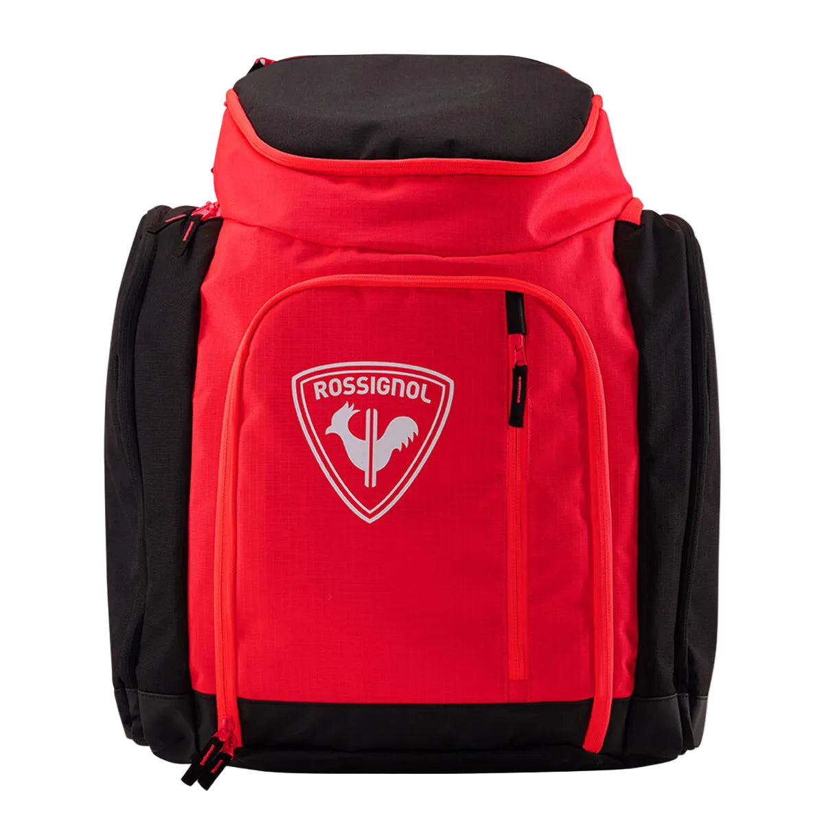 Red and black backpack with a visible brand logo on a light gray background