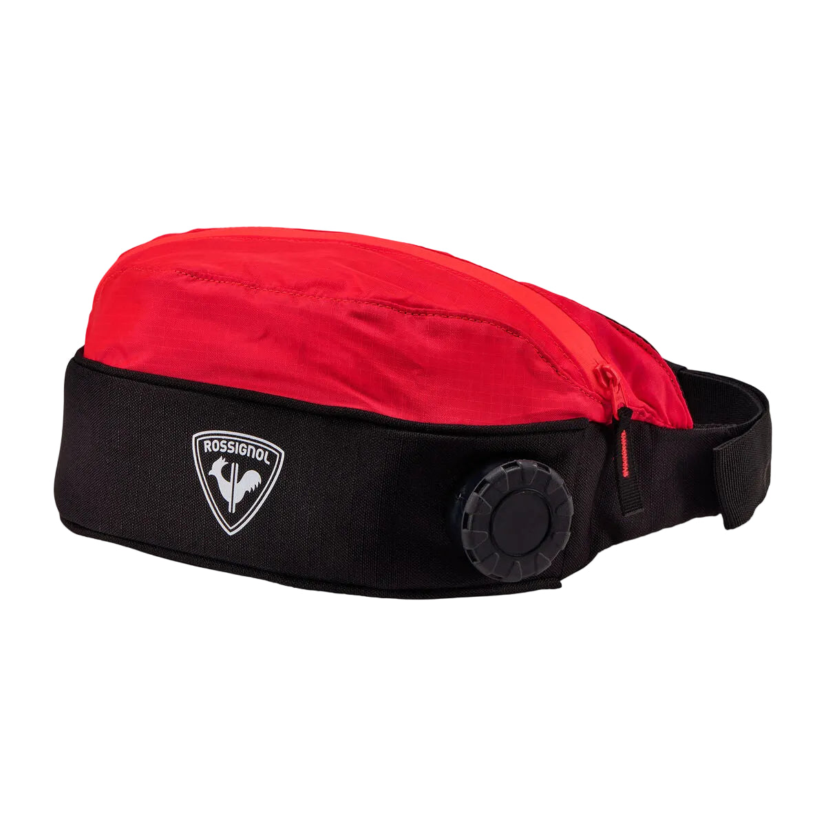 A red and black ROSENSTÜTTE waist bag with an adjustable black strap and a black dial valve, shown on a light gray gradient background.
