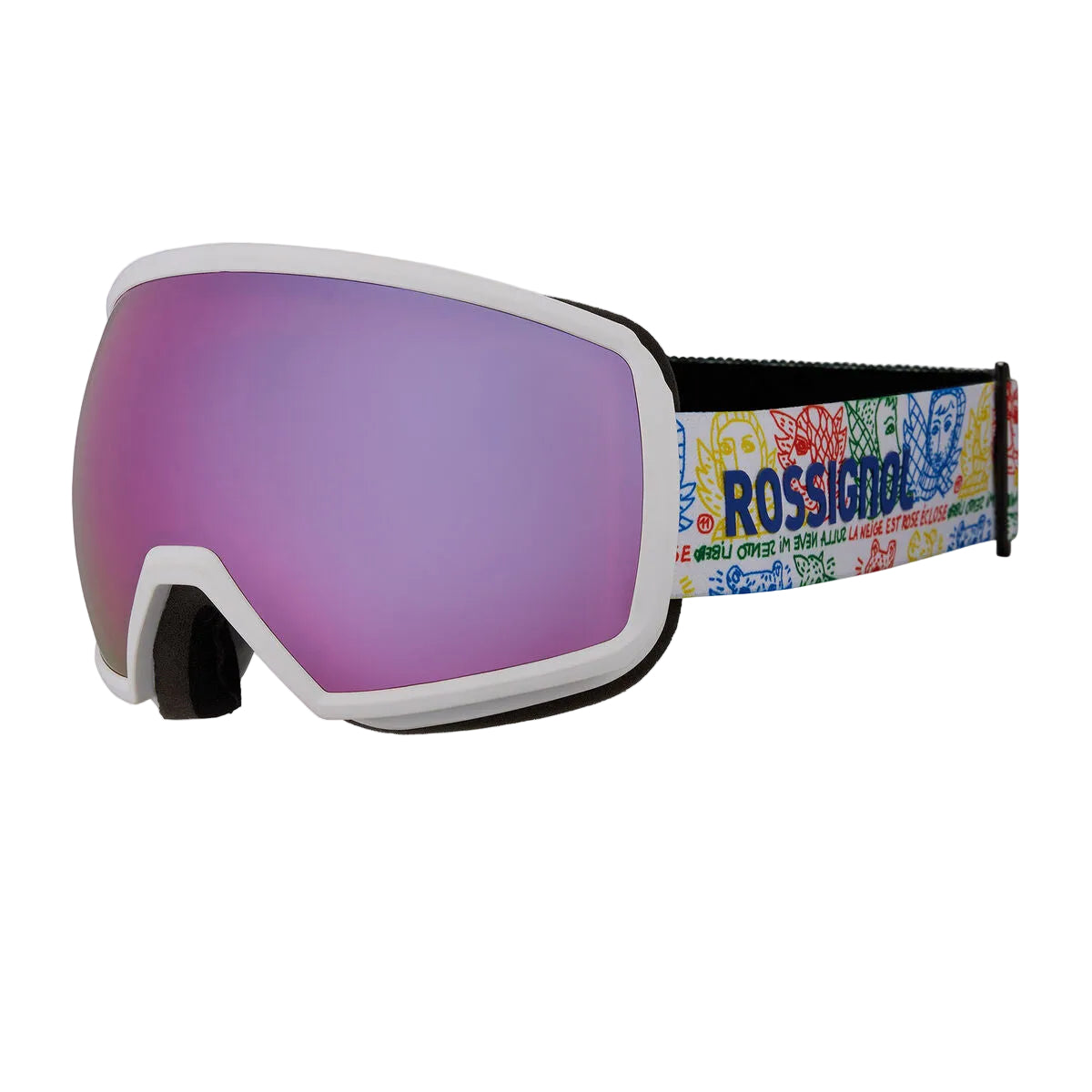Rossignol ski goggles with a white frame, a pink-purple mirrored lens, and a colorful patterned strap featuring the Rossignol brand name.