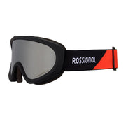 Rossignol ski goggles with a black frame, gray mirrored lens, and a black and orange strap featuring the white Rossignol logo.
