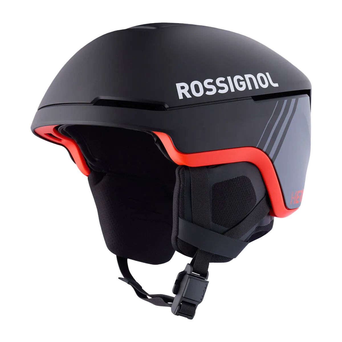 A matte black Rossignol ski helmet with bright red accents around the ear cups and a dark reflective visor, shown on a light gray gradient background.