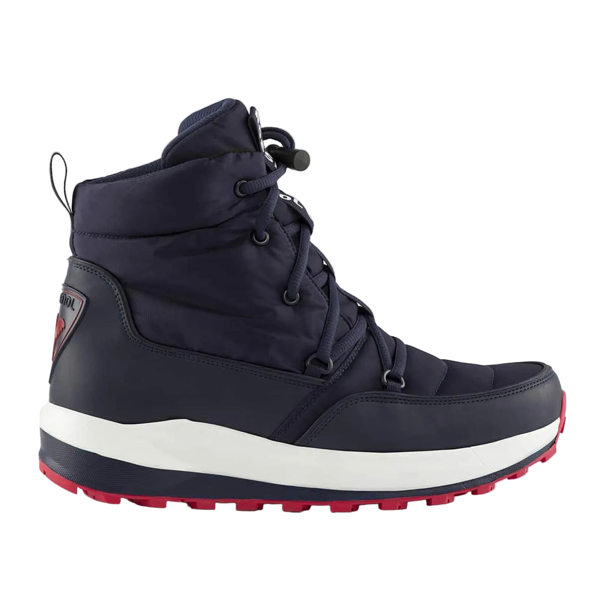 Navy winter boot with white sole on a light gray background