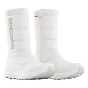 A pair of white Rossignol mid-calf winter boots with a quilted puffer design, side zippers, and rugged soles, shown against a light gray studio background.