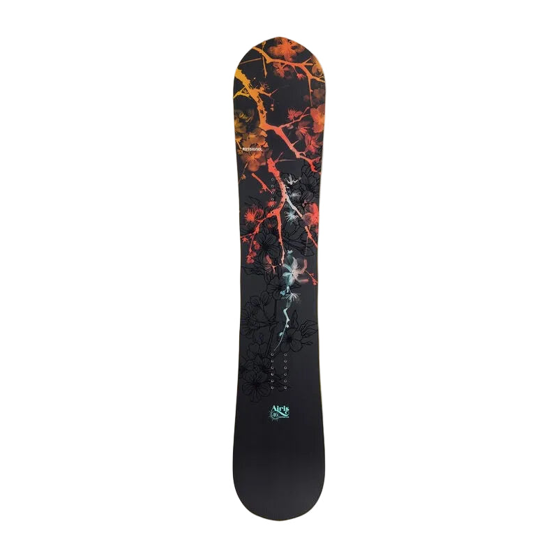 A snowboard shown vertically against a light gray gradient background. The snowboard features a black base with a vibrant graphic design resembling glowing orange and yellow cracks or veins on the upper half, transitioning to a dark, textured lower half with a small teal logo near the bottom.