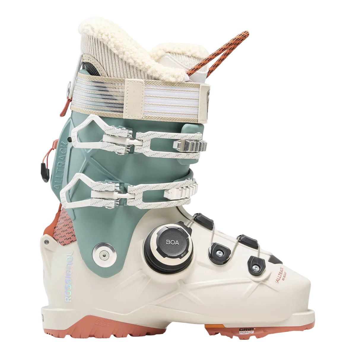 White and teal ski boot with visible brand logo on a white background