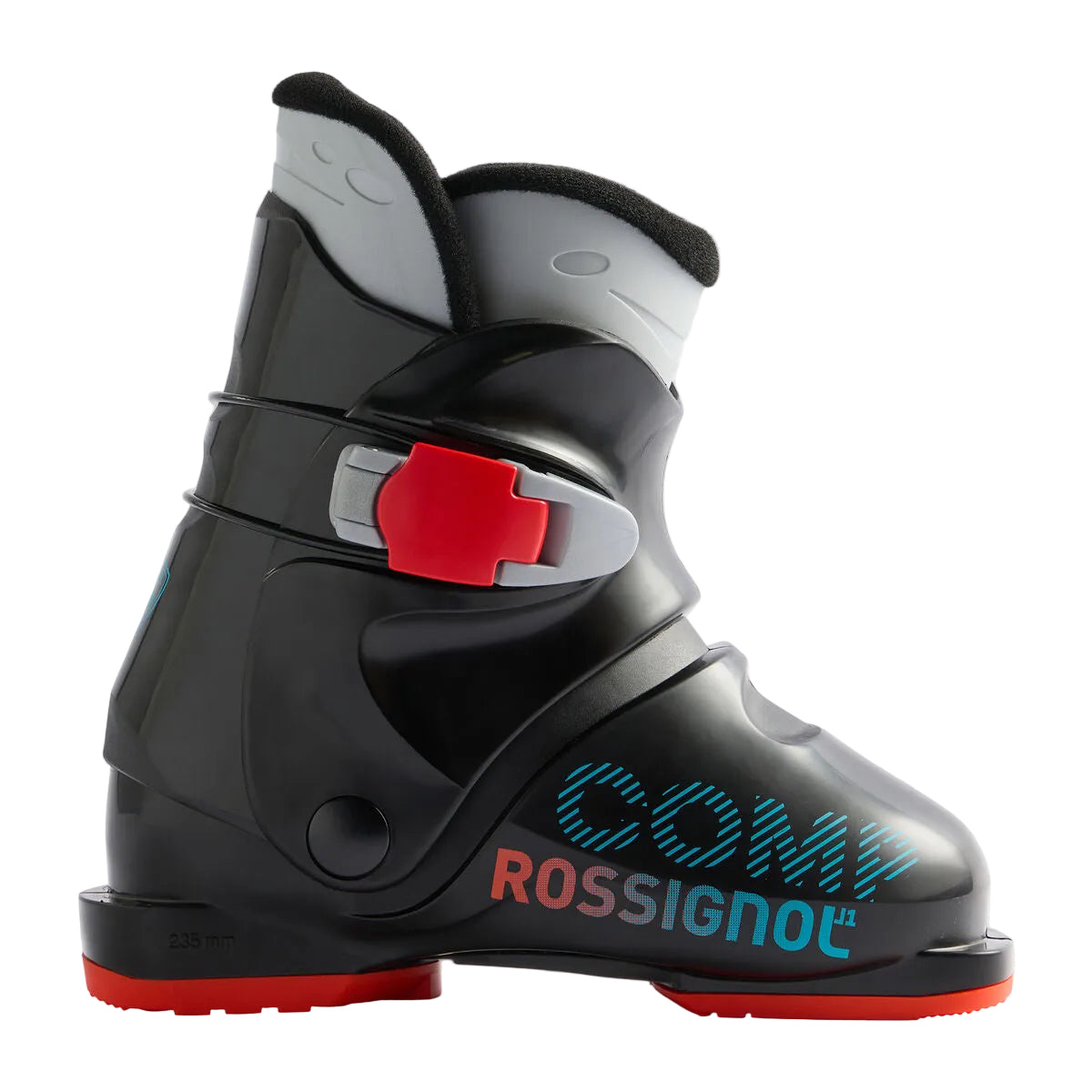 A Rossignol Comp ski boot in black with red and light blue accents, shown in a side profile on a light gray background.
