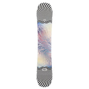 A snowboard with a black and white optical illusion pattern on the top and bottom, and a colorful abstract design in the center, shown against a light gray gradient background.