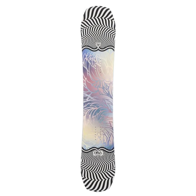 A snowboard with a black and white optical illusion pattern on the top and bottom, and a colorful abstract design in the center, shown against a light gray gradient background.