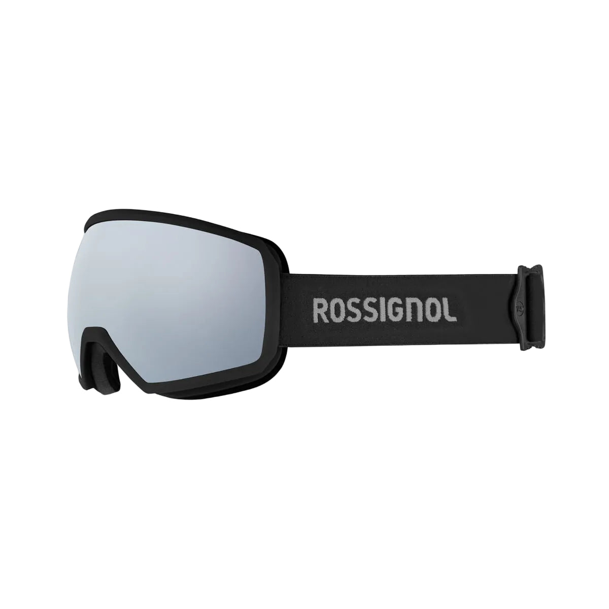 Rossignol ski goggles with a matte black frame and strap, featuring a silver mirrored lens and the Rossignol brand name printed in white on the strap.
